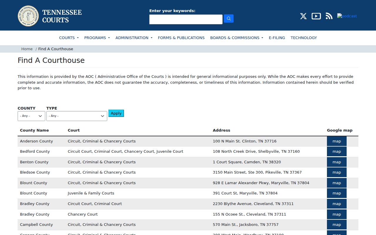 Tennessee courts courthouse directory used for Marshall County court contacts