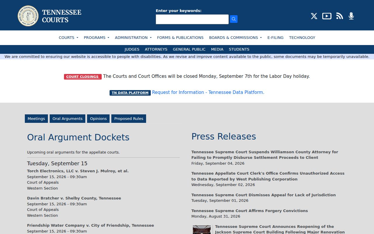 Tennessee judiciary official homepage for court resources